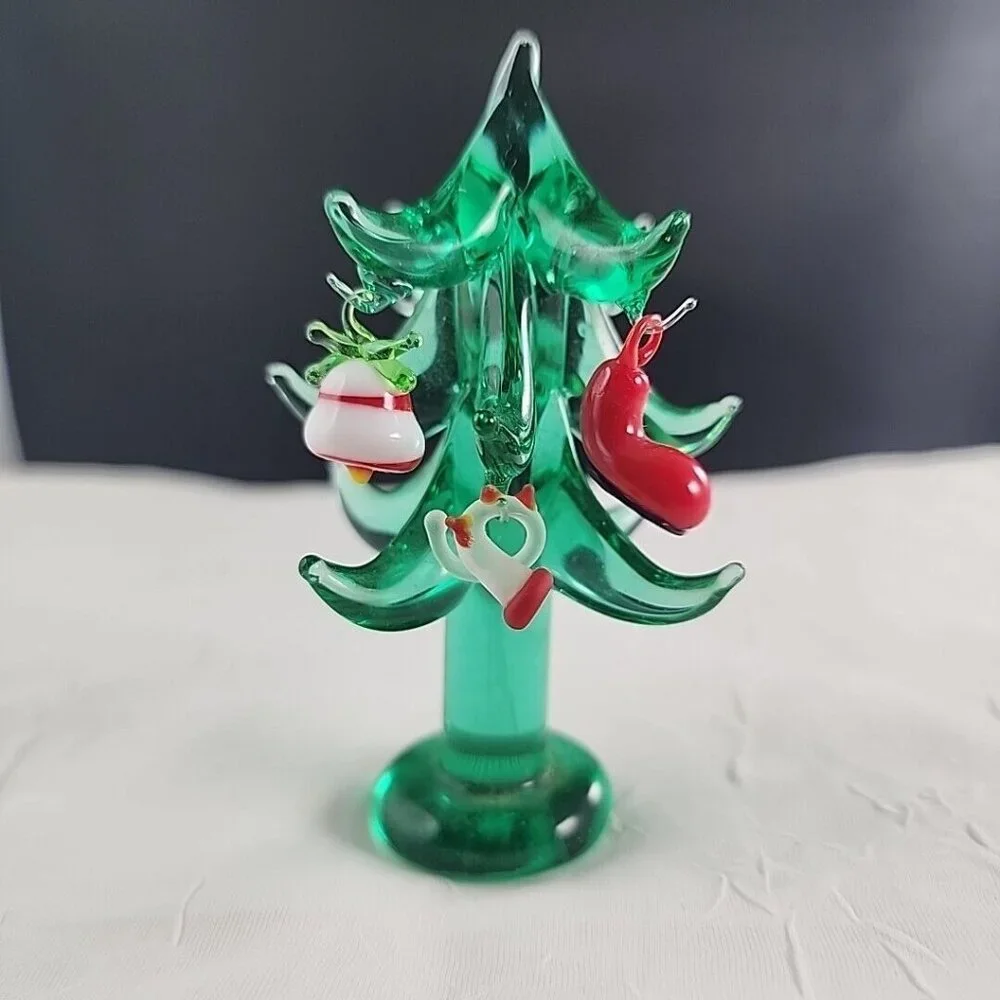 Vintage Art Glass Christmas Tree 4" with miniature ornaments green figurine deco - Picture 2 of 7